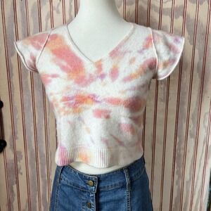 Brodie Cashmere Tie Dye Cropped Sweater Vest Pastel V Neck Soft Knit Boho Top S